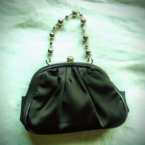 Mary Kay Black Satin Small Dress Purse. 8" Silver Ball Chain. Snap Closure.